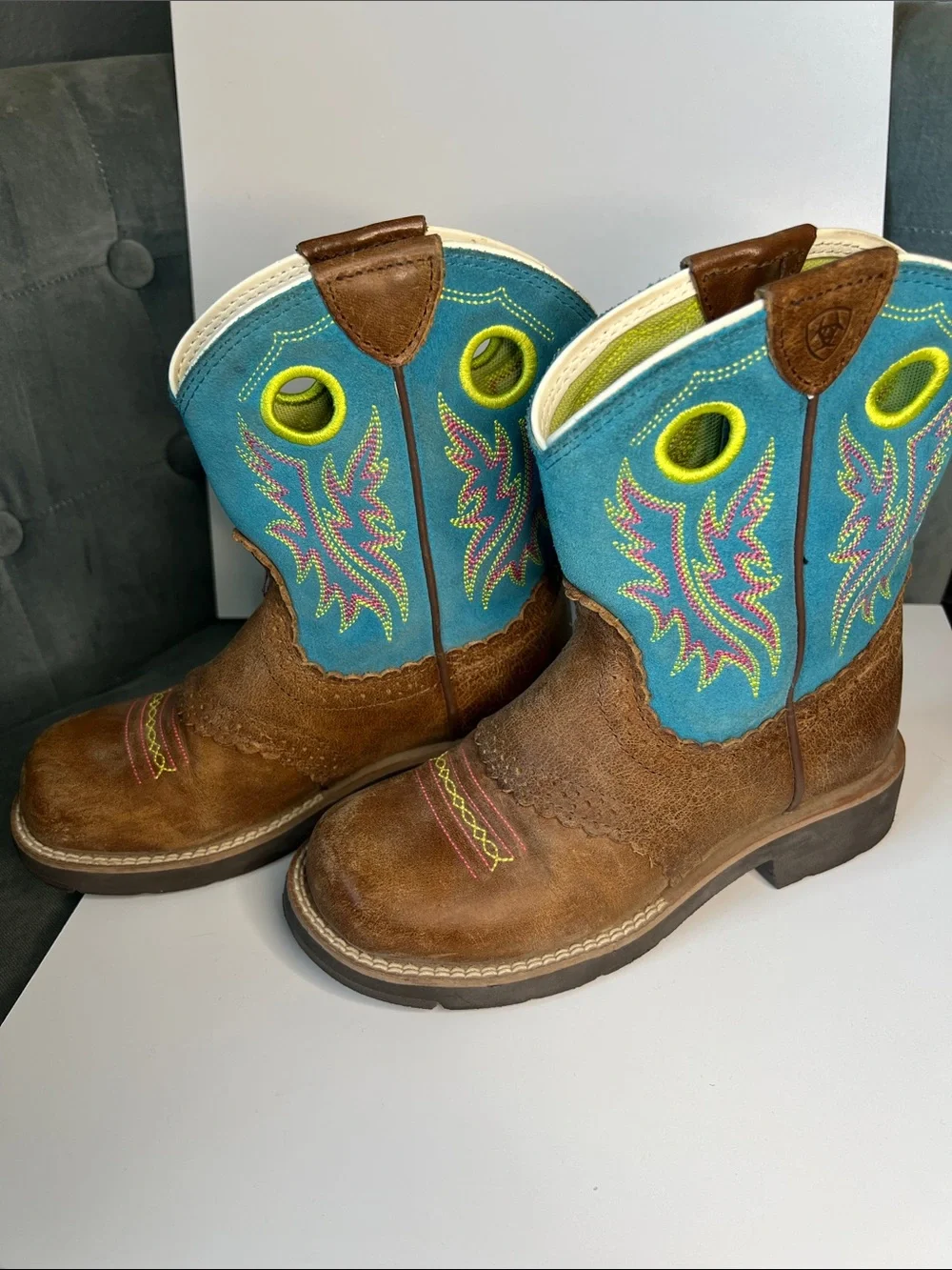 Ariat Kids Youth Fatbaby Cowgirl Western Brown Boots Size 1 Teal Pink Lime